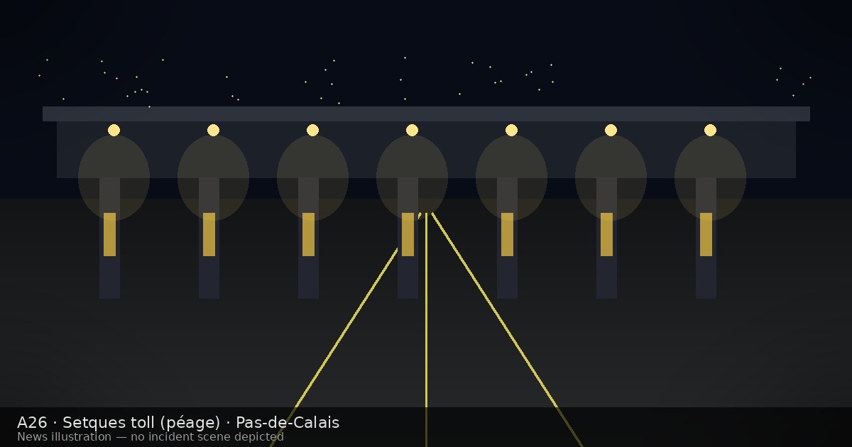 News illustration of an A26-style toll plaza at night, used with the Setques death report