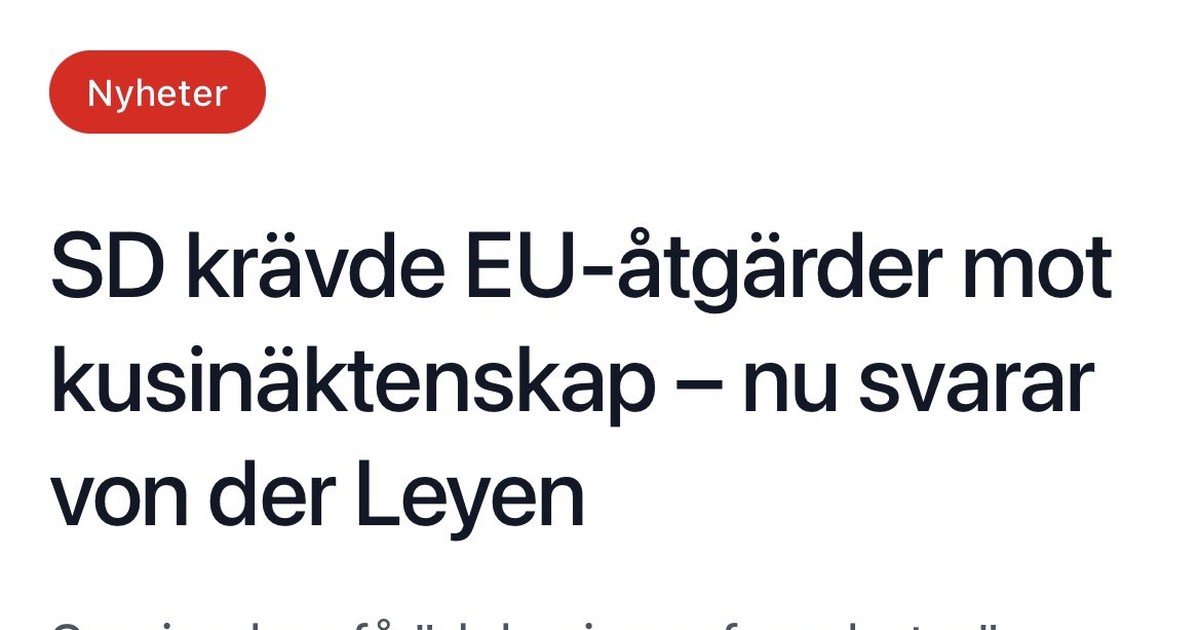 Riks headline on von der Leyen’s reply to SD on cousin marriage, from Charlie Weimers’ post